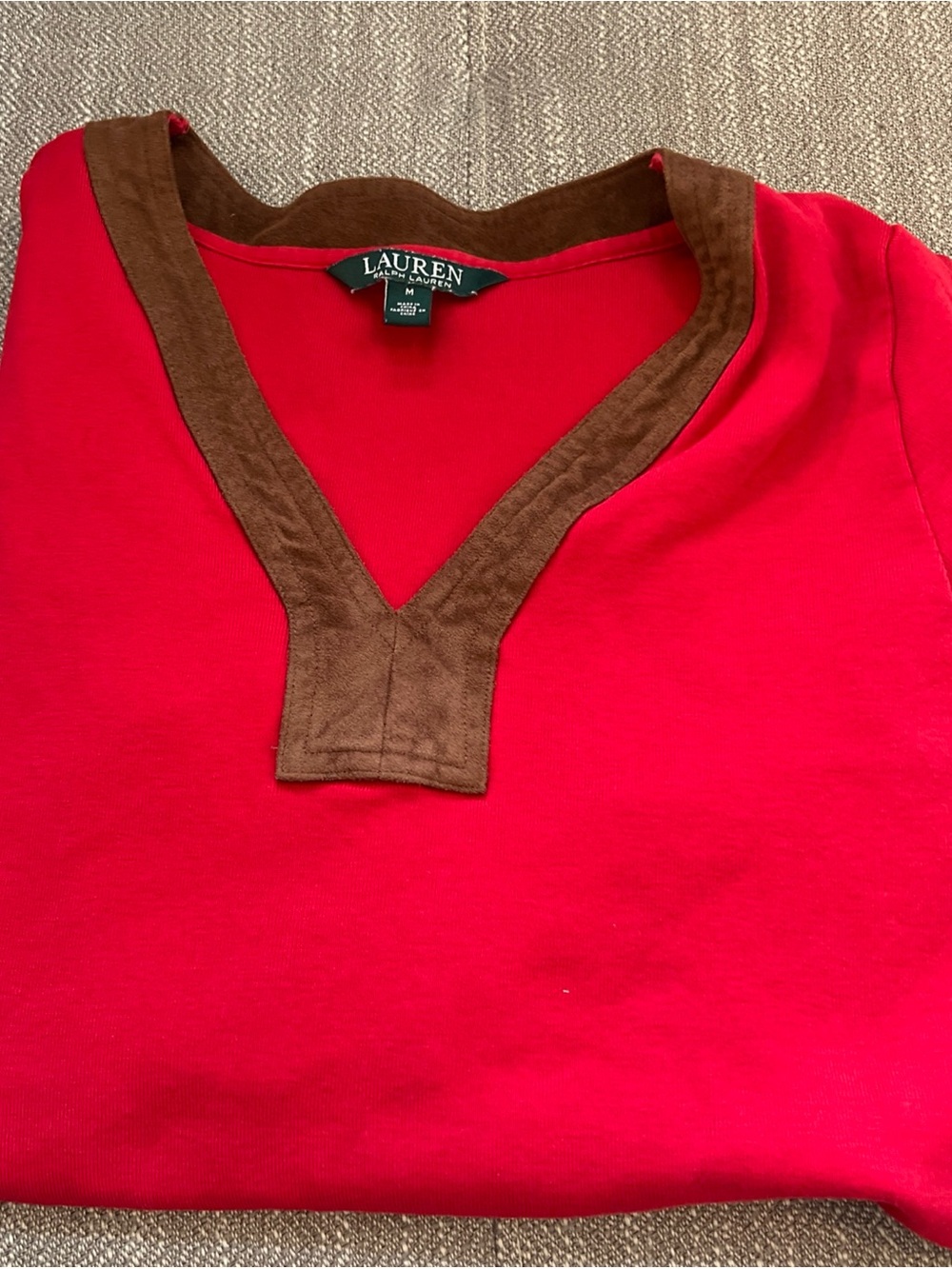 Lauren Ralph Lauren Top Womens Medium Red 3/4 Sleeve V-Neck Faux Suede Trim